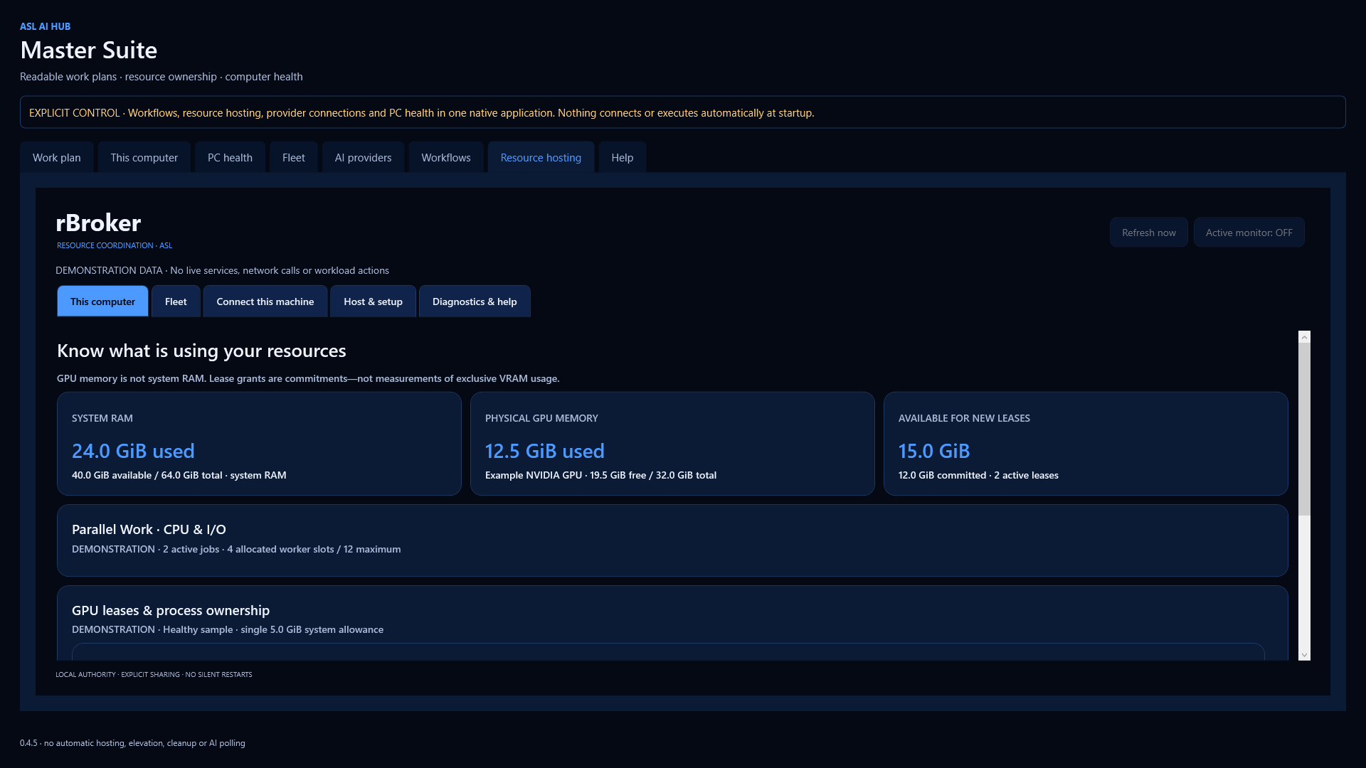 Master Suite resource workspace showing separate system RAM, physical GPU memory, lease commitments and Parallel Work worker counts