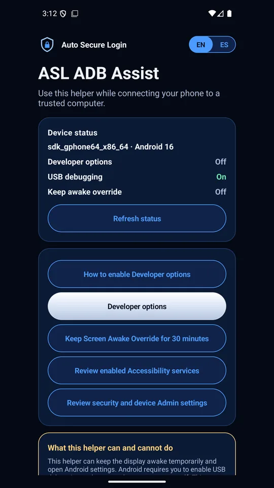 Device status and one-tap settings