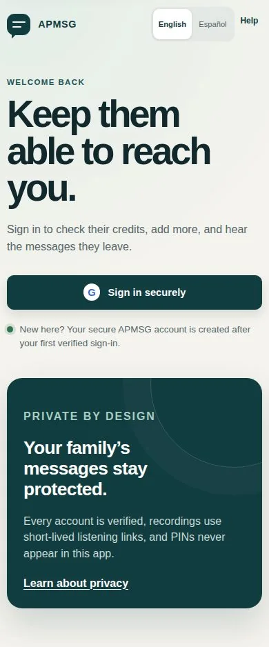 Pantalla pública de bienvenida de APMSG en ancho móvil.