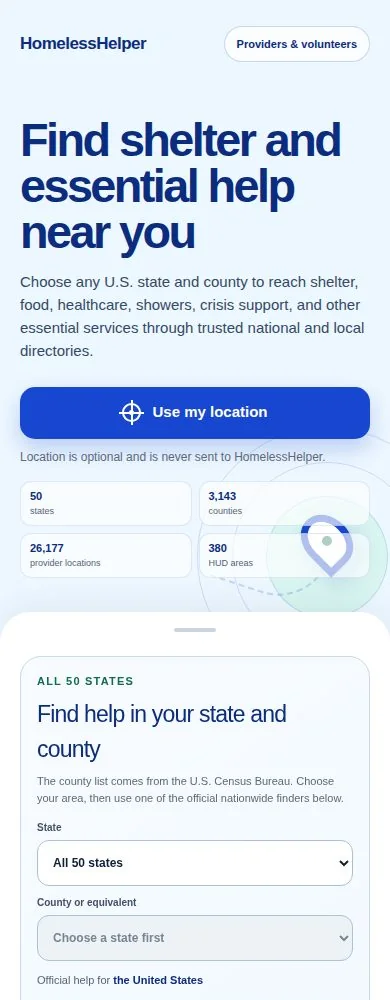Pantalla pública de recursos HomelessHelper en ancho móvil.