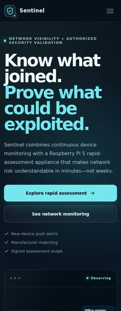 Pantalla pública de Network Sentinel en ancho móvil.